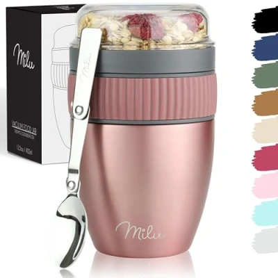 Abbildung von Milu Müslibecher to go 400ml MüsliMax I isolierter Edelstahl Joghurtbecher für Müsli auslaufsicherer Becher mit Löffel Yoghurt/Porridge (Rose Gold)