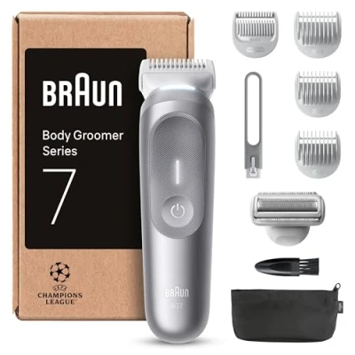Abbildung von Braun Bodygroomer Series 7, +8 Zubehörteile, mit Smartlight &amp; SkinGuard, 100 Min Akku, Sanft in empfindlichen Bereichen, Trimmen Rasieren SensitiveTrim Aufsatz, wasserdicht, BG7555, Grau