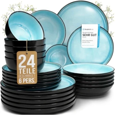 Abbildung von Steingut Geschirrset 6 Pers. Ibiza 24 tlg Hochwertiges Mediterranes TEST SEHR GUT Geschirr Set Schüssel und Teller Tafelservice Personen Geschirrsets Pure Living in Aquamarin