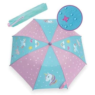 Abbildung von HECKBO Regenschirm Kinder Einhorn Magic für Jungen und Mädchen Farbwechsel bei Regen Taschenschirm passt in jeden Schulranzen Sturmfest 360 Reflektoren Geschenke