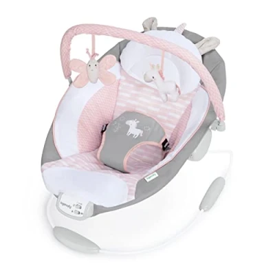 Abbildung von Ingenuity, Babywippe mit Vibration und 8 Melodien, Flora the Unicorn abnehmbare spielbogen, gepolsterter Kopfstütze, Sicherheitsgurt, Babysitz ,Lautstärkeregler, grau / rosa, ab der Geburt bis 9kg