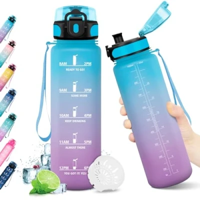 Abbildung von KollyKolla Sport Trinkflasche 1L Kohlensäure Geeignet, mit Zeitmarkierungen und Filter, BPA Frei, Wasserflasche Auslaufsicher, Sportflasche für Kinder, Erwachsener, Sport, Camping, Gym, Büro, Uni