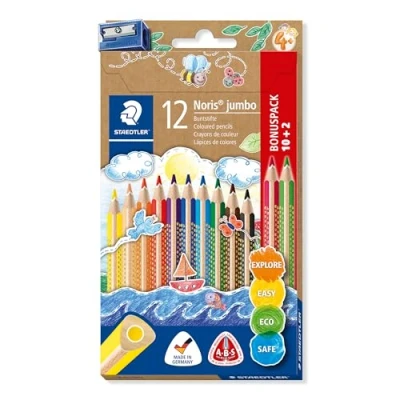 Abbildung von STAEDTLER Buntstift Noris jumbo, erhöhte Bruchfestigkeit, Dreikantform, ABS System, attraktive Sternchenprägung, Bonuspack mit 12 brillanten Farben und einem Spitzer, 128 NC12P1