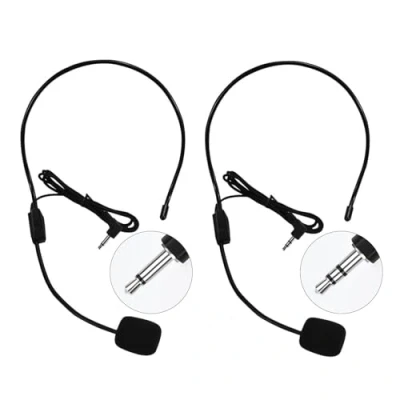 Abbildung von HUACAM Headset Mikrofon, 3,5 mm Head Mounted 2er Set Mini Kabelgebundenes Kopfbügelmikrofon, Freisprechmikrofon zum Singen, Kondensator Mic für Sprachverstärker, Lehrer, Redner, Trainer