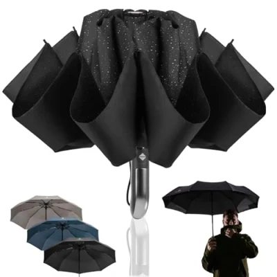 Abbildung von STYNGARD Regenschirm sturmfest bis 140 km/h zusammenfaltbar ohne zu tropfen Reverse Taschenschirm mit zertifizierter Teflon Beschichtung gegen Feuchtigkeit Modell LONDON (Schwarz)
