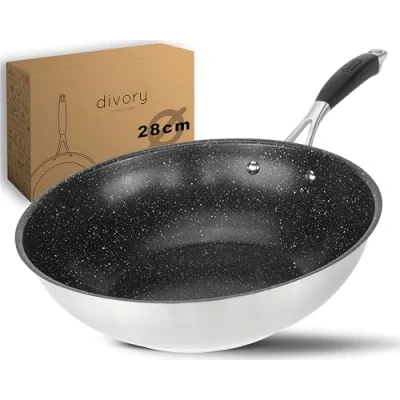 Abbildung von DIVORY Edelstahl Pfanne 28 cm ULTIME Induktion I Antihaft beschichtete Wok Bratpfanne für alle Herdarten Induktionspfanne, Ergonomischer Griff, Spülmaschinen geeignet (28 (Wok), Schwarz)