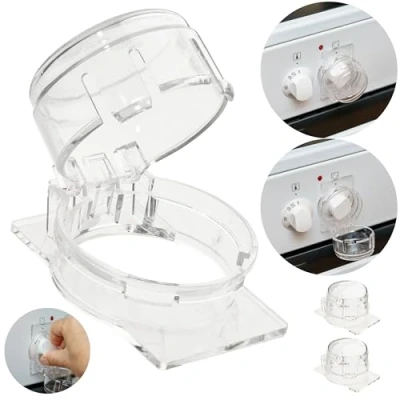 Abbildung von Herdknopf Kindersicherung, 3 Pack, Montage ohne Knopf Demontage, für max. Ø 51 x 45 mm Herdknöpfe mit min. 63 Abstand, transparenter Kleber, Herdschutz Kinder Sicherung, Babyschutz Herd Knöpfe