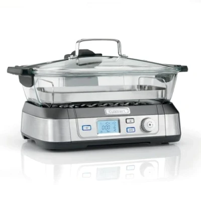 Abbildung von Cuisinart Cookfresh Professional Glass Food Steamer 1L Wasser, BPA frei, Edelstahl Dämpfeinsatz, 2 vielseitige Behälter 30 Sek. Aufheizzeit Funktionen Aufwärmen, Warmhalten, Pause