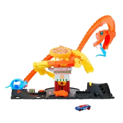 Abbildung von Hot Wheels Let&#039;s Race Netflix Pizza Kobra Angriff loslassen und Autos Rasen nach dem Zufallsprinzip auf 3 spannende Wege für die Davon, HTN81