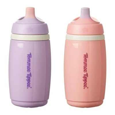 Abbildung von Tommee Tippee Isolierter Aktivschnabel Becher, 266 ml, Auslaufsichere Wasserflasche für Kleinkinder ab 12 Monaten, Isoliert, damit Getränke kühl bleiben, Pink und Violett, 2 Stück