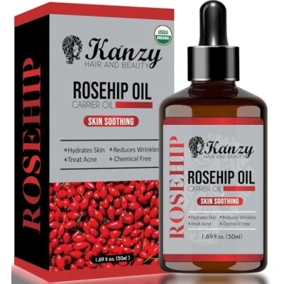 Abbildung von Kanzy Hagebuttenöl Bio Kaltgepresst 100% Rein 50ml Rosehip Oil Wildrosenöl für Haut Haare Nägel Gesichtsöl Körperöl Vegan Hexanfreies Hagebuttenkernöl Anti Aging Falten Natürlich