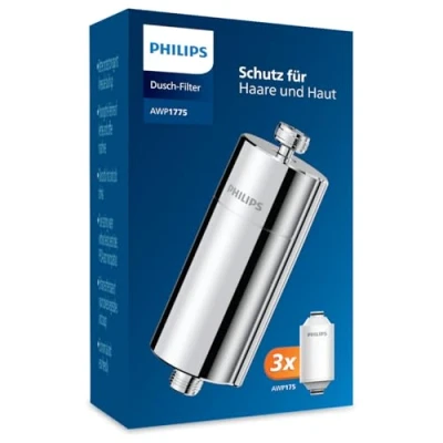 Abbildung von Philips Wasser Inline Duschfilter und 3 Ersatzfilter Kartuschen, 50 000 L Filterkapazität, CHROM, reduziert Chlor um bis zu 99%, passend für alle Standardschläuche armaturen