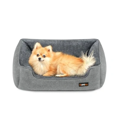 Abbildung von Feandrea Hundebett, Hundekissen in Leinenoptik, Hundekorb, erhöhte Ränder, rutschfeste Unterseite, Bezug abnehmbar waschbar, M, für kleine Hunde, 70 x 55 21 cm, hellgrau PGW10GG