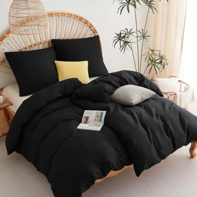 Abbildung von WAVVE Bettwäsche 135x200 4teilig Schwarz Bettbezüge 135 x 200 2er Set mit Kissenbezüge 80x80 cm, Sets 135x200cm aus Mikrofaser Reißverschluss Weich