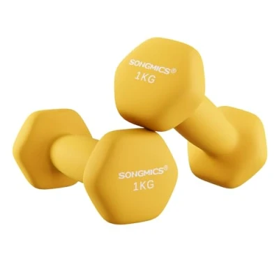 Abbildung von SONGMICS Hanteln 2er Set, Kurzhanteln, 2 x 1 kg, mit matter Beschichtung aus Neopren, rutschfest, Fitness, Gewichtheben für Zuhause, Fitnessstudio, gelb SYL62YL
