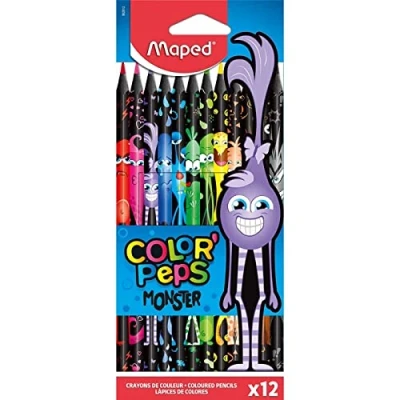 Abbildung von Maped 862612 ergonomische Drei Kant Buntstifte, Farbstifte COLOR&#039;PEPS BLACK Monster schwarzer Schaft und bunte Bedruckung 12x Stifte