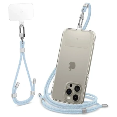 Abbildung von Spigen Handykette Universal Handyhülle mit Band zum Umhängen &amp; Handschlaufen Set [ConTag] kompatibel iPhone 16/15/14/13 Serien, Galaxy S25/S24/S23 und Allen Smartphones Mute Blue