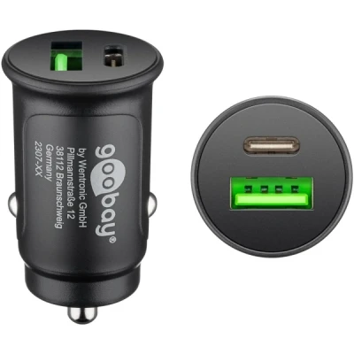 Abbildung von goobay 59521 2 Port Auto/KFZ Ladegerät mit USB C PD (Power Delivery), Mini Zigarettenanzünder Dual Ladegerät, Pkw &amp; LKW (12V / 24V), 27W, Schwarz