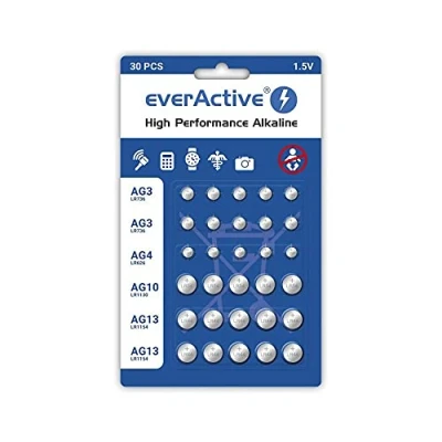 Abbildung von everActive Set 10x AG3, 5X AG4, AG 10, AG13 1.5V, 30 x Batterien, Knopfbatterien, Alkaline, Mini, 3 Jahre Haltbarkeit, Stück 1 Blisterkarte