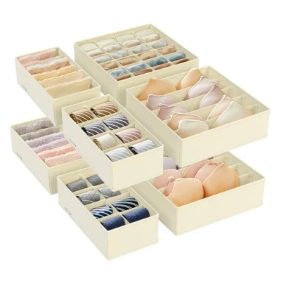 Abbildung von SONGMICS Unterwäsche Organizer 8er Set, Schubladen faltbar, Ordnungssystem Kleiderschrank, Aufbewahrungsbox Schrank, Stoffboxen Aufbewahrung, für BHs Socken Krawatten, beige RUS008M01