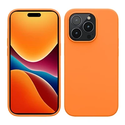 Abbildung von kwmobile Hülle für das iPhone 14 Pro dünnes Silikon Handy Case stoßfeste Handyhülle mit weicher Oberfläche unterstützt kabelloses Laden Fruity Orange