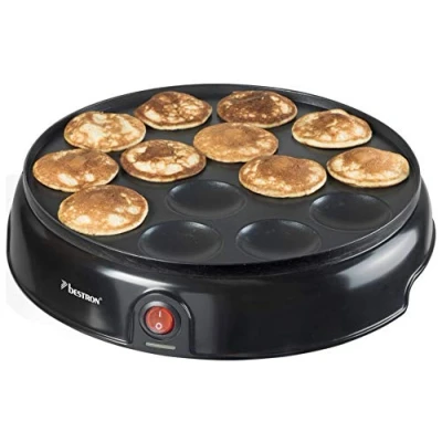 Abbildung von Bestron Poffertjes Maker im Retro Design, Mini Pfannkuchen Automat, mit Antihaftbeschichtung, Sweet Dreams, 800 W, Schwarz