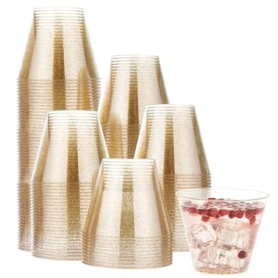 Abbildung von MATANA 120 Premium Plastikbecher, Partybecher, Trinkbecher mit Goldglitter (255ml / 9oz) Hartplastik Becher, Kunststoffbecher, Mehrwegbecher, Cocktailgläser, Plastikgläser für Hochzeiten &amp; Partys