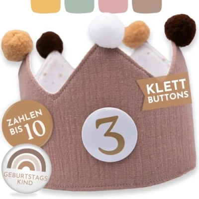 Abbildung von BJORKI® Geburtstagskrone Mädchen &amp; Junge aus Musselin Klett Buttons mit Zahlen von 1 10 Wendbare Krone Geburtstag Mädchen, Junge, Kindergeburtstag, (Mint)