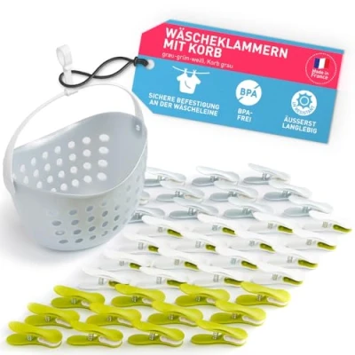 Abbildung von culiclean Wäscheklammern stabil ohne Abdruck Soft Clips 40 Stück grau grün weiß Korb mit Wäscheklammernkorb statt Beutel