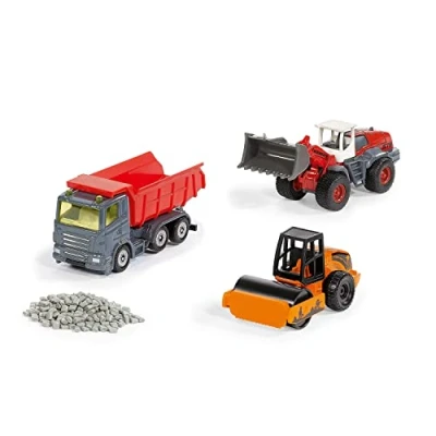 Abbildung von siku 6329, Geschenkset Straßenbau, Muldenkipper, Liebherr Radlader, Straßenwalze, Bewegliche Teile, Inkl. Granulat