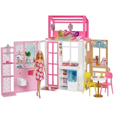 Abbildung von Barbie Puppenhaus (70,6 x 51,4 cm) mit 4 Spielbereichen, komplett eingerichtet Accessoires &amp; Möbeln, 360 drehbar, klappbar, ohne Puppe, Geschenk für Kinder ab 3 Jahren, HHY40