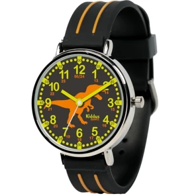 Abbildung von Kiddus Lern Armbanduhr für Kinder, Jungen und Mädchen. Analoge mit Zeitlernübungen. Zeit Lehrer. Time Teacher. Dino. Schwarz Orange