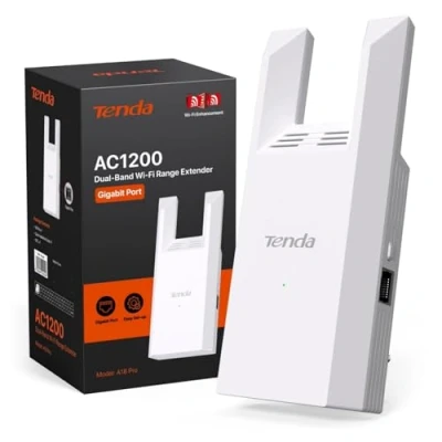 Abbildung von Tenda A18 Pro WLAN Verstärker Repeater AC1200 Dualband mit Gigabit LAN, 2 externen Antennen, LED Signalanzeige, WPS, einfache Einrichtung, WPA2, App Steuerung