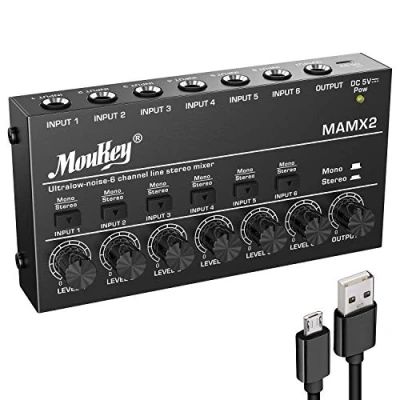 Abbildung von Moukey Kompaktes Studio Audio Stereo Mischpult, 6 Kanäle für Clubs, Bars, Bühnen, Gitarre, Bass, Keyboard, MAMX2