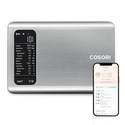 Abbildung von Cosori Küchenwaage digital mit Nährwertberechnung, Ernährungswaage App verfolgt 19 Nährstoffe, Kaloriendatenanalyse, 5kg Edelstahl Lebensmittelwaage, ideal für Gewichtsverlust und gesunde Ernährung