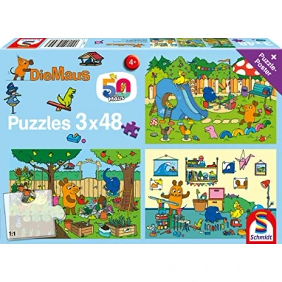 Abbildung von Schmidt Spiele 56394 Sendung Mit Der Maus Micky Tag, 3x48 Teile Kinderpuzzle, Bunt