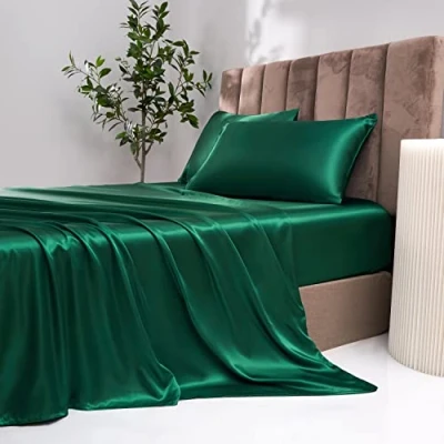 Abbildung von Damier Spannbettlaken 160x200cm Grün Dunkelgrün Satin Seide Glänzend Bettlaken Hochwertiges Deluxe Unifarben Spannbetttuch, Geeignet für Matratzen bis 30cm