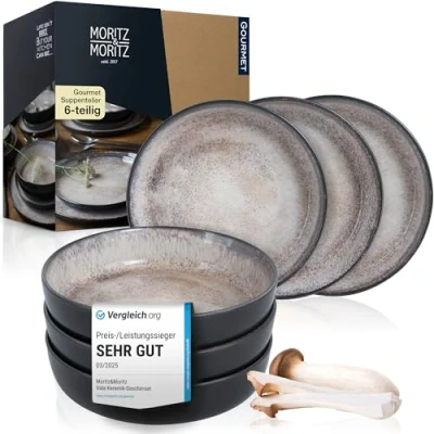 Abbildung von Moritz &amp; VIDA 6er Suppen Teller Set Beige Bowl Schüssel für 6 Personen Porzellan spülmaschinen und mikrowellengeeignet