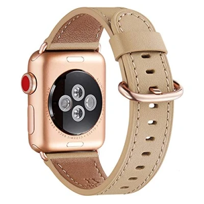 Abbildung von WFEAGL Kompatibel für Apple Watch Armband 40mm 41mm 38mm,Lederband Ersatzband Herren Damen iWatch Series 10/9/8/7/6/5/4/3/2/1,SE(38mm 41mm, Kamel+Roségold Adapter)