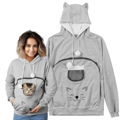 Abbildung von HOMELEVEL Pullover Katzentasche Katzen Hoodie mit Tasche warm Pulli Hundetasche Damen Katzentragepullover