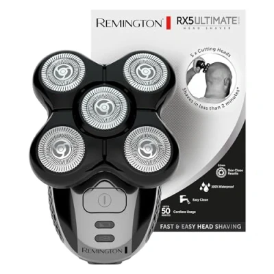 Abbildung von Remington Glatzen Rasierer Herren elektrisch, Kopf Rasierapparat Lithium (Schwarz, 5 Scherköpfe, glattes Rasurergebnis mit max. 0,2mm, Haar Auffang Kammer, Detail Trimmer) Kopfrasierer XR1501