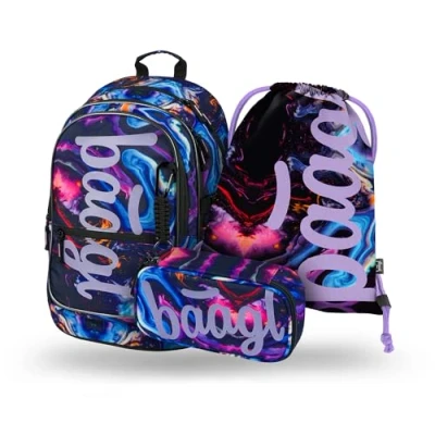 Abbildung von Baagl Schulrucksack Set Mädchen 3 Teilig, Schultasche für Grundschule Volksschule, Ranzen mit Brustgurt, Ergonomischer Schulranzen (Marble)
