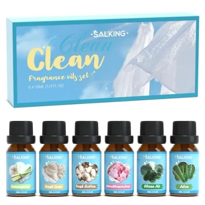 Abbildung von SALKING Sauber Ätherische Öle Set, Aromatherapie Duftöl GeschenkSet, Duftöle für Diffuser Luftbefeuchter,6x10 ml Zitronengras, frische Baumwolle, frisches Leinen, Kirschblütenseife, saubere Luft, Aloe