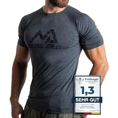 Abbildung von Herren Fitness T Shirt meliert Männer Kurzarm für Gym &amp; Training Passform Slim Fit, lang mit Rundhals, Anthrazit, S
