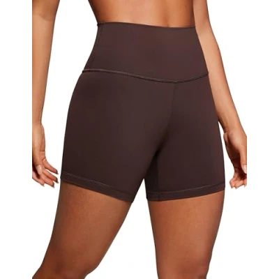 Abbildung von CRZ Yoga Naked Feeling Damen Radlerhose Blickdicht Hohe Taille Kurze Sporthose Sommer Shorts für Gym Sport 10cm Heißes Fudge Brown 36