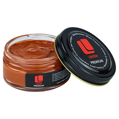 Abbildung von Lenzen Premium Schuhcreme für glattes und genarbtes Leder I Hochwertige Schuhpflege Glanz strahlende Farbe (Hellorange)
