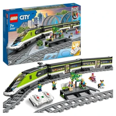Abbildung von Lego City Personen Schnellzug, Set mit ferngesteuertem Zug, Eisenbahn Spielzeug Scheinwerfern, 2 Wagen und 24 Schienen Elementen, Geschenk für Kinder, Jungen Mädchen 60337