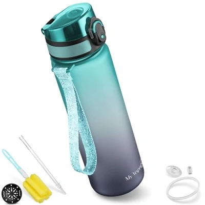 Abbildung von My Vesperbox Minny Kinder Trinkflasche auslaufsicher 750ml mit Strohhalm oder Sieb leichte Tritan Wasserflasche BPA frei für Kindergarten, Schule (Grau Blau 750ml)