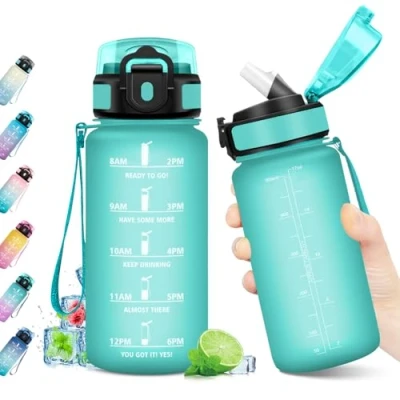 Abbildung von Trinkflasche 500ml, Sport Wasserflasche, mit Strohhalm &amp; Zeitmarkierung, Auslaufsicher, BPA frei, Ideal für Gym, Yoga, Camping, Fahrrad, Schule, Büro, Erwachsene, Kohlensäure geeignet