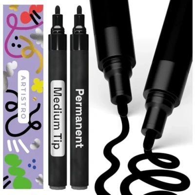 Abbildung von Artistro Permanent Marker Schwarz 2 Stück Acrylstifte Wasserfest Filzstift mit 3 mm Spitze, Schnell Trocknender Glanzlackmarker für Textil, Stein, Keramik, Glas, Holz, Metall, Karton